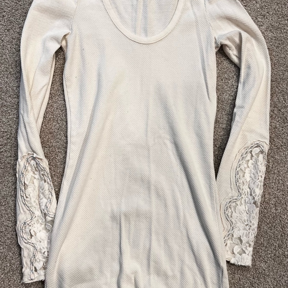 Free People Cream Long Sleeve Embellished Blouse